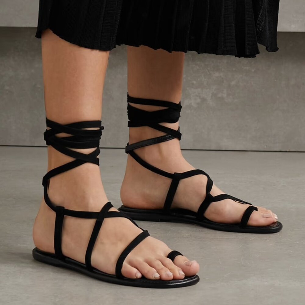 MANOLO BLAHNIK PRIMATHI LACE-UP STRAPPY FLAT SANDALS BLACK SUEDE SIZE 38